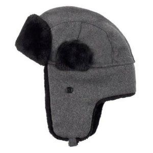 Mens Winter Trapper Hat Chaps Gray Wool Blend Earflaps Faux Fur Lined
